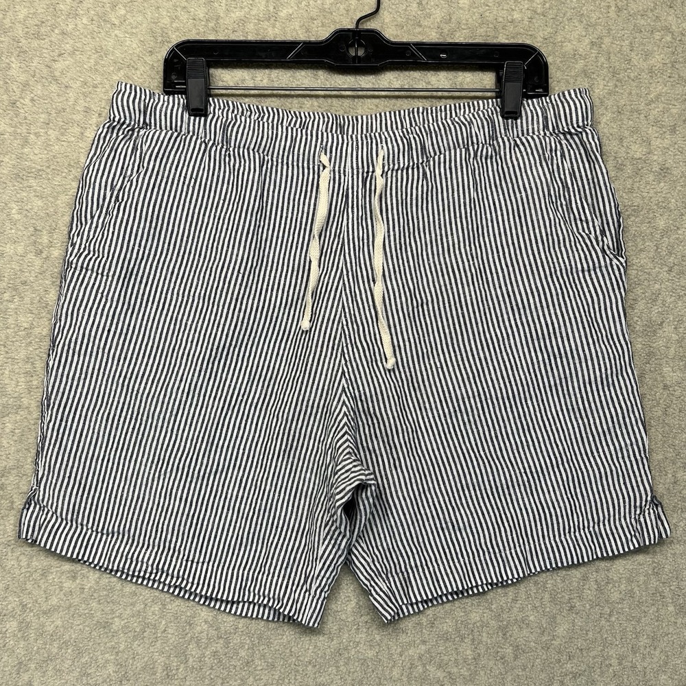 Alex Crane Mens XL Striped Linen Drawstring Shorts Blue White Pull On